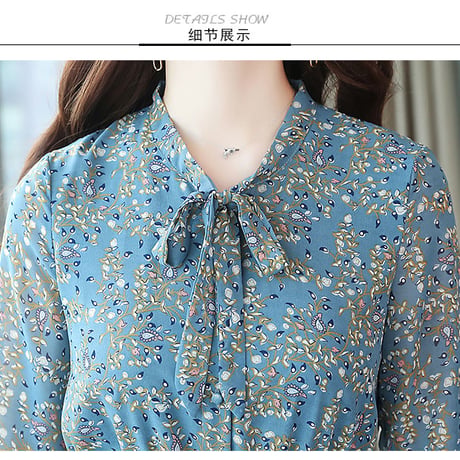小花柄シフォンプリーツワンピース シャツワンピース フラワー 結婚式 女子会 デートコーデ ロングワンピース ブルー 青 大きいサイズ  長袖 リボン 原ワンピース