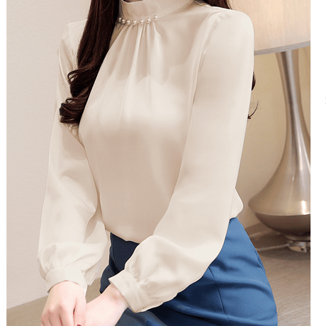 パール付き　シャーリングシャツ  ブラウス    長袖  ハイネック  おしゃれ    上品    エレガント   春夏秋 デート   大きサイズ  通勤  女子会   お呼ばれ    アプリコット
