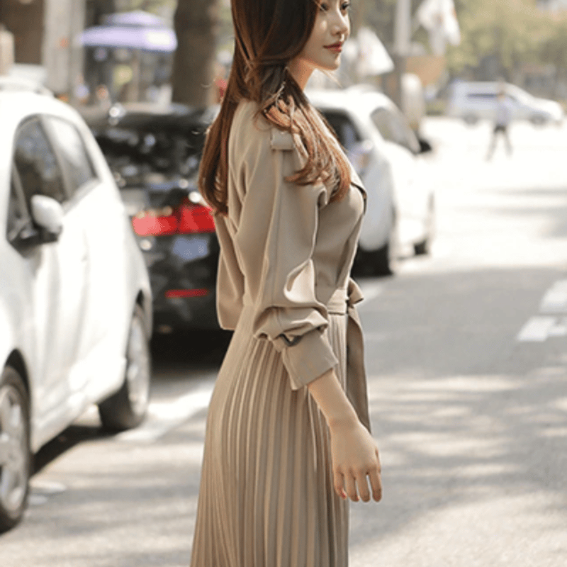 トレンチ風ワンビース スプリングコート風ワンピース ミモレ丈