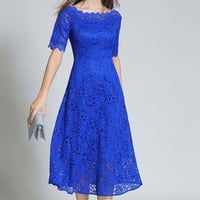 総レースワンピース オフショル 結婚式 パーティー ドレス  ロング 大きいサイズ 青 ブルー 五分袖 カジュアル 春夏ワンピース