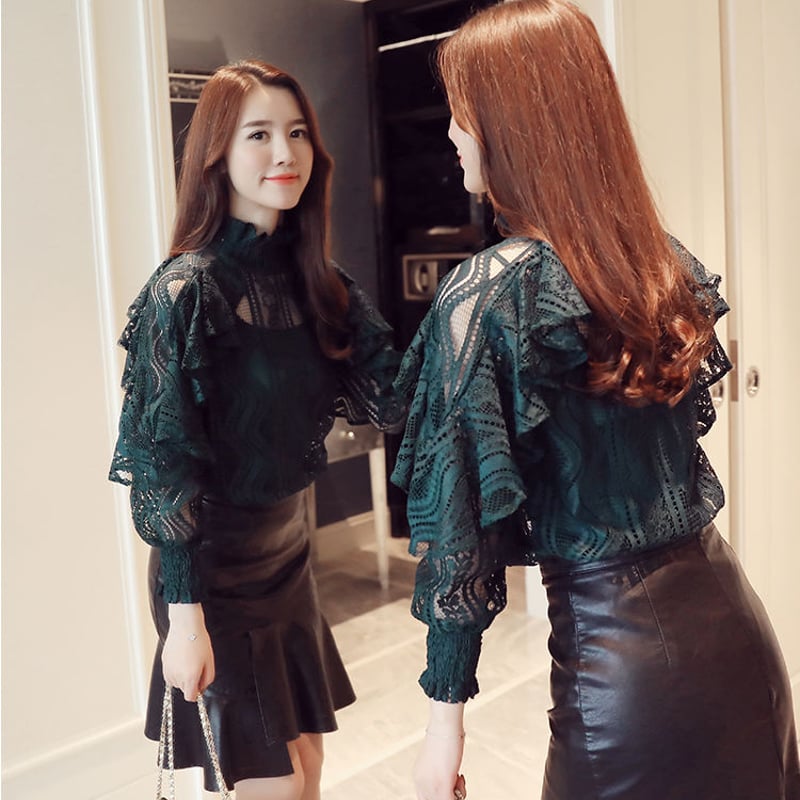 レースブラウス フリル袖 ハイネック 長袖 緑 グリーン コーデ 大きい