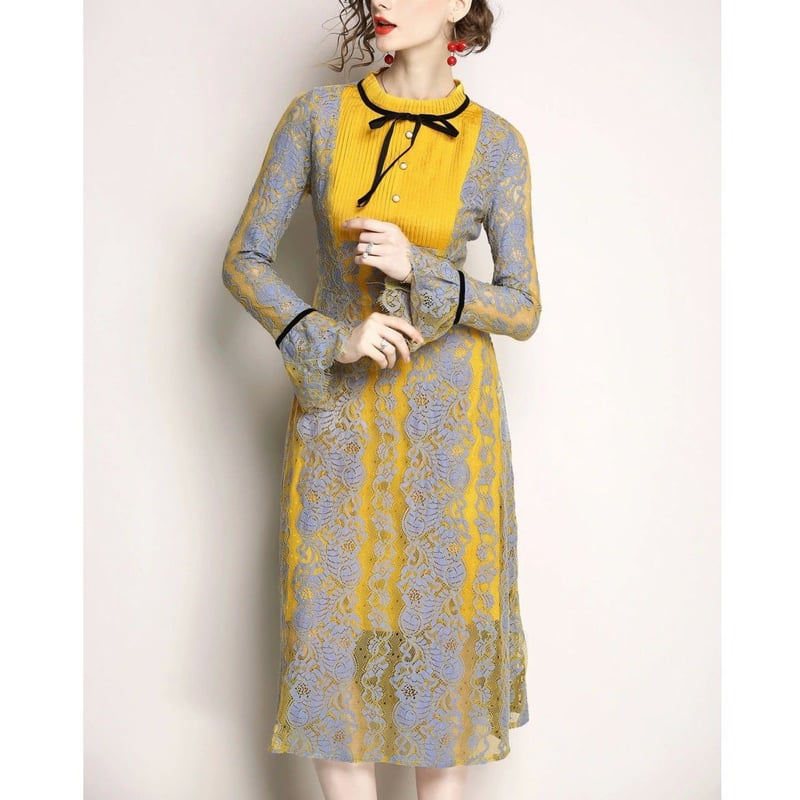 バイカラー レースワンピース 秋冬 リボン 結婚式 パーティー ドレス