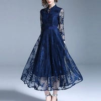 レ―スワンピース  パーティードレス 結婚式 お呼ばれ 二次会 ミモレ丈 ドレス ロング 大きいサイズ 長袖  青 ブルー