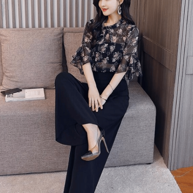 セットアップ シースルー 花柄ブラウス フレア袖 クロップド