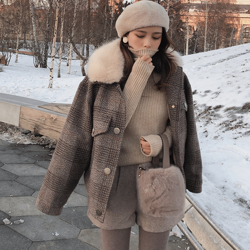 裏ボアチェックジャケット アウター 襟ファー付き ショートコート