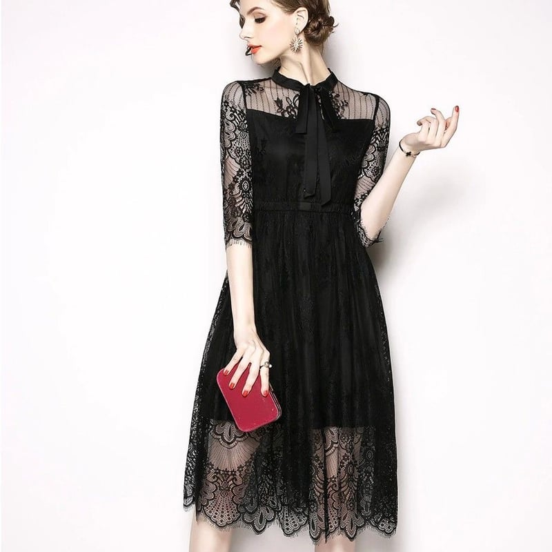 レースワンピース シースルー 透け感 結婚式 二次会 パーティドレス 黒