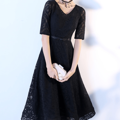 リボン付き Ｖネック レース ワンピース 結婚式 演奏会  二次会 ウエディング パーティー ドレス ロング  大きいサイズ  ブラック 黒 半袖 夏