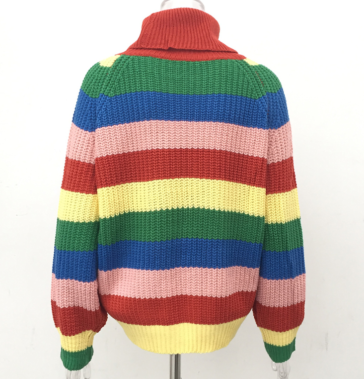 レインボー ニット レディースセーター タートルネック ゆったり 秋冬