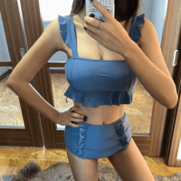 ハイウエストパンツ   ビスチェ   ストラップフリル    水着  体型カバー   肩フリル   タンキニ    ビキニ   海  夏   青   ブルー