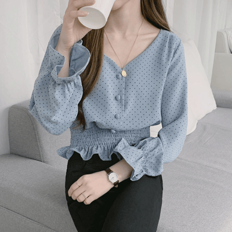 Vネック    ペプラムドットブラウス  フリル   長袖   おしゃれ    上品     春夏秋 デートコーデ   大きサイズ  通勤  女子会   お呼ばれ    青