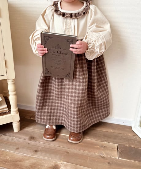 waist frill volume sleeve A line onepiece《chocolate block plaid》