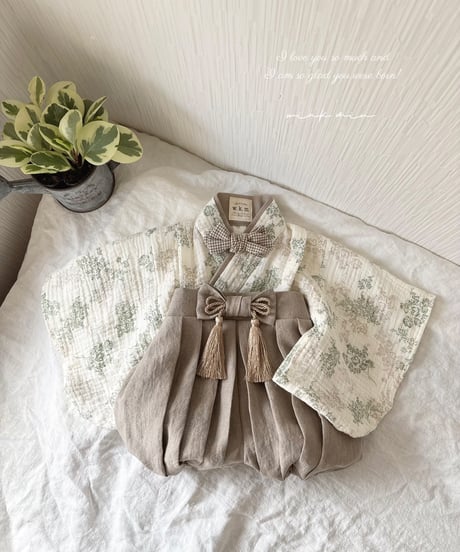retro baby hakama waist ribbon《green beige botanical×greige》