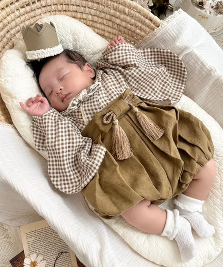 retro baby hakama waist ribbon《gingham plaid coffee×mustard》