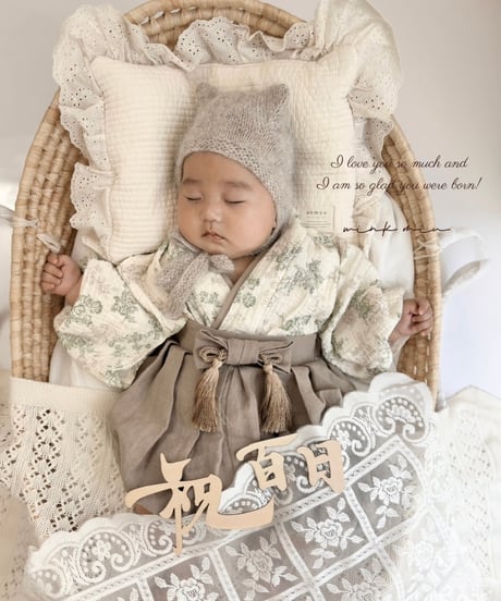 retro baby hakama waist ribbon《green beige botanical×greige》
