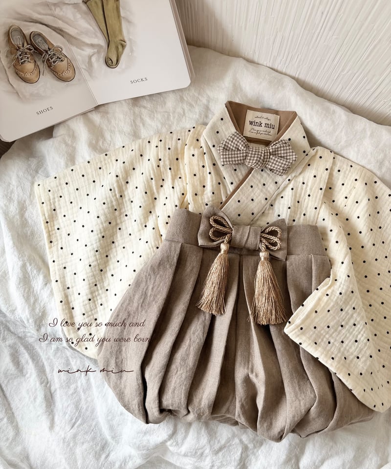 retro baby hakama waist ribbon《dot×greige》 | wi