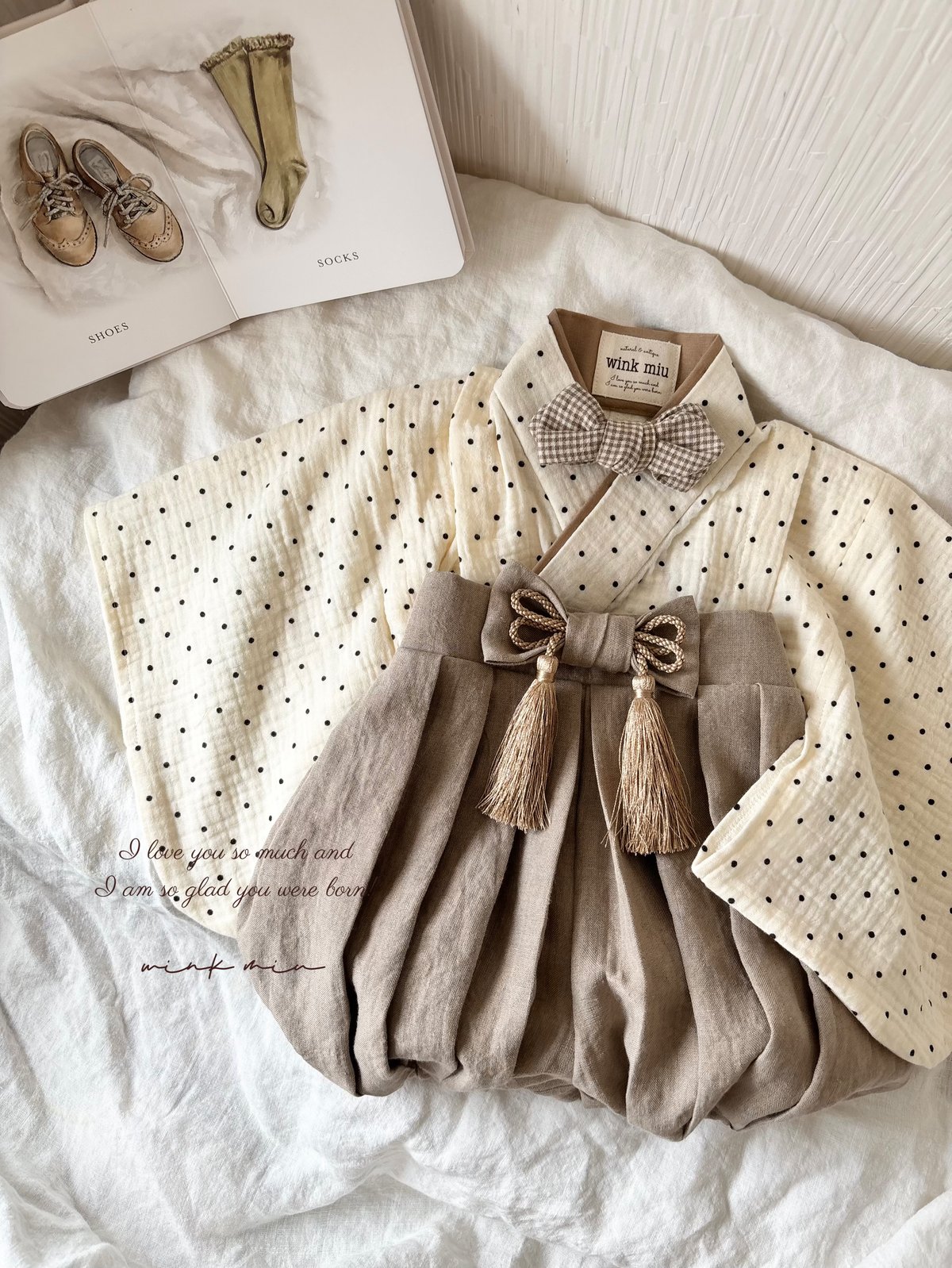 retro baby hakama waist ribbon《dot×greige》 | wi