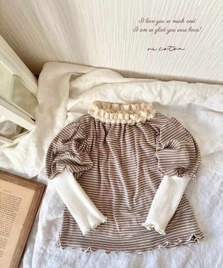 gauze colour border puff sleeve lib knit tops