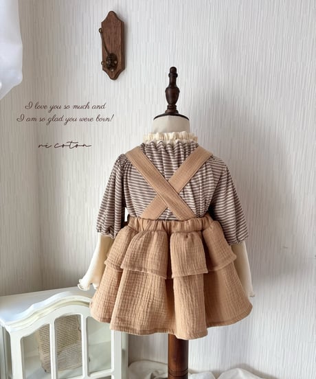 gauze colour border puff sleeve lib knit tops