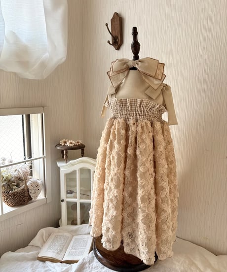 shirring plaid diamond rose tulle dress《cafe au lait》