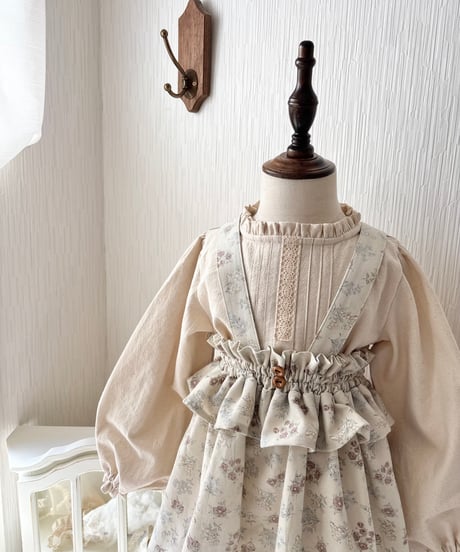frill waist A line salopette skirt《misty green flower》