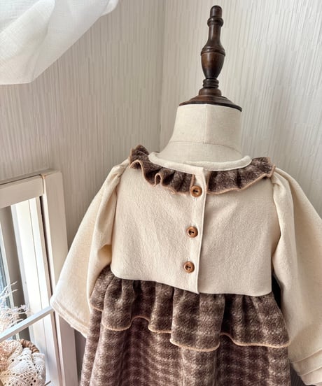 waist frill volume sleeve A line onepiece《chocolate block plaid》