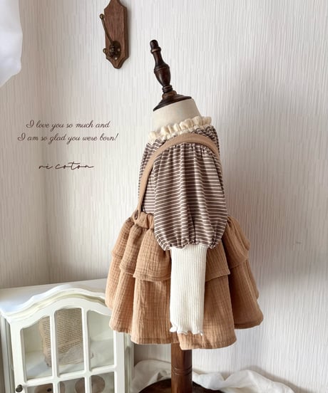 gauze colour border puff sleeve lib knit tops