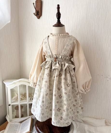 frill waist A line salopette skirt《misty green flower》