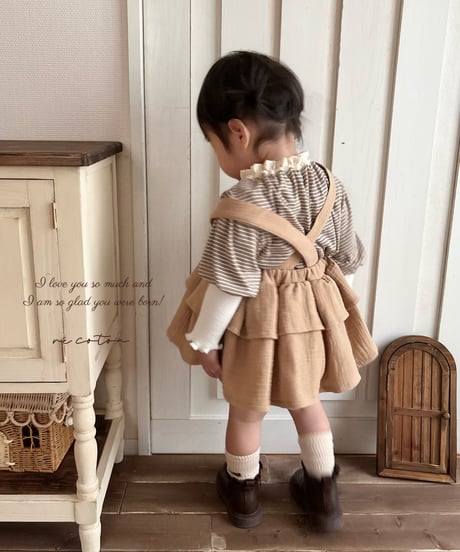 gauze colour border puff sleeve lib knit tops