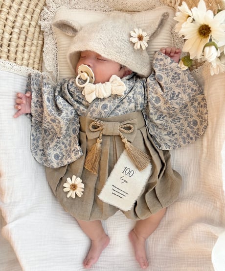 retro baby hakama waist ribbon《dusty blue flower×antique beige》