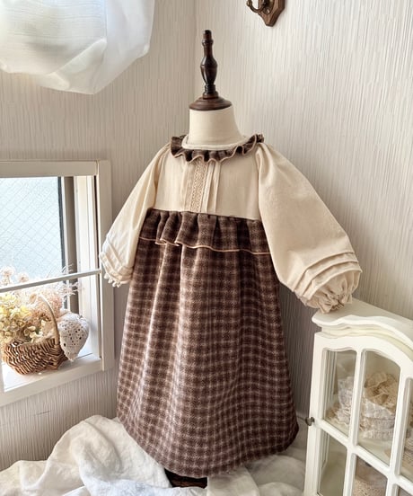 waist frill volume sleeve A line onepiece《chocolate block plaid》