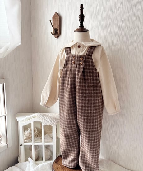 w button long salopette 《chocolate block plaid》