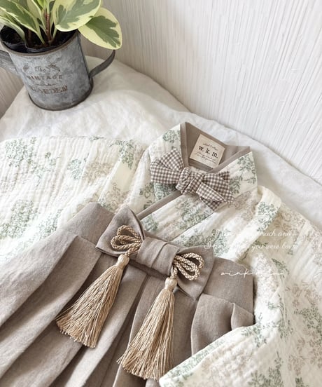 retro baby hakama waist ribbon《green beige botanical×greige》