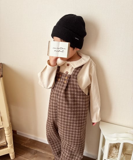 w button long salopette 《chocolate block plaid》