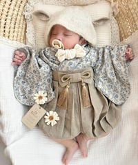retro baby hakama waist ribbon《dusty blue flower×antique beige》