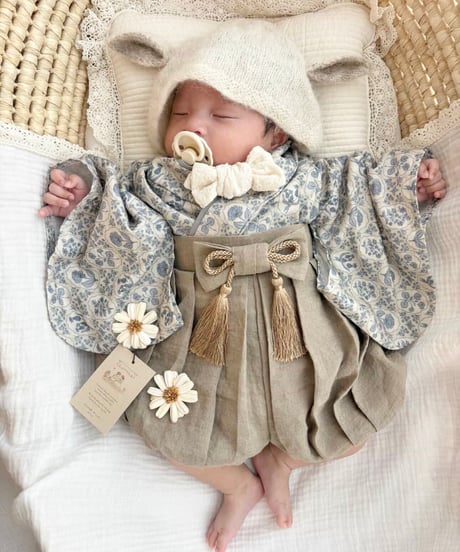 retro baby hakama waist ribbon《dusty blue flower×antique beige》