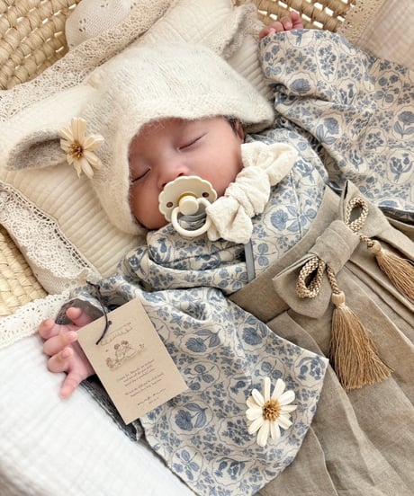 retro baby hakama waist ribbon《dusty blue flower×antique beige》