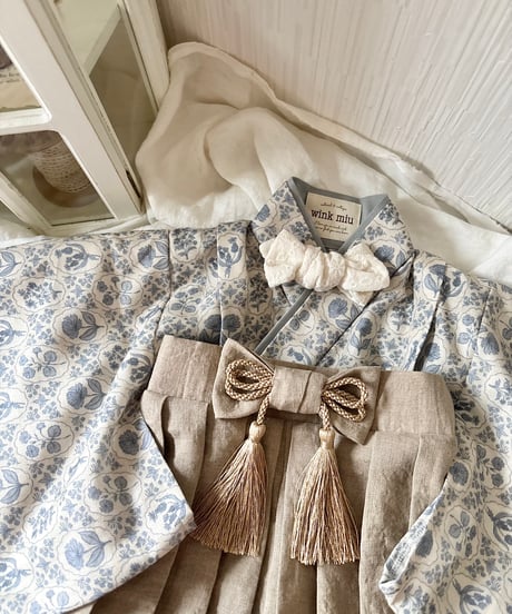 retro baby hakama waist ribbon《dusty blue flower×antique beige》