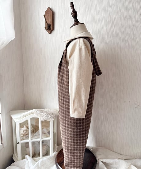 w button long salopette 《chocolate block plaid》