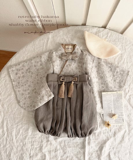 retro baby hakama waist ribbon《shabby flower×purple moca》