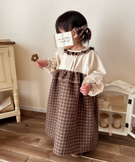 waist frill volume sleeve A line onepiece《chocolate block plaid》