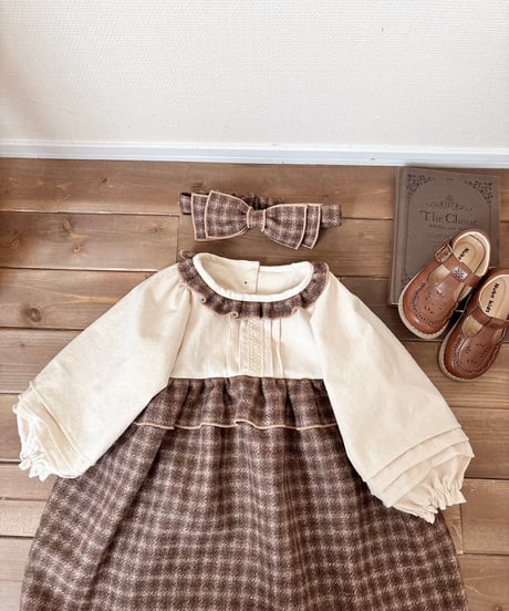 waist frill volume sleeve A line onepiece《chocolate block plaid》