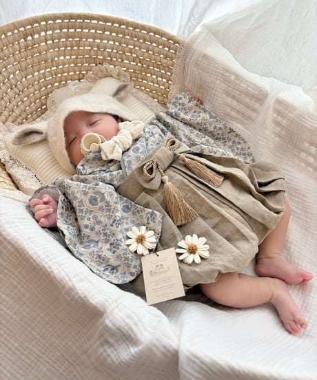 retro baby hakama waist ribbon《dusty blue flower×antique beige》