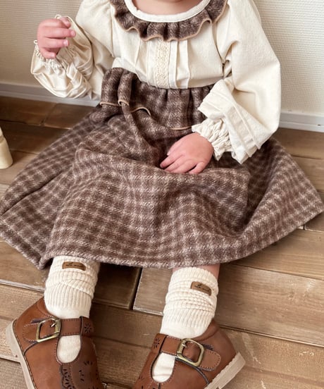 waist frill volume sleeve A line onepiece《chocolate block plaid》