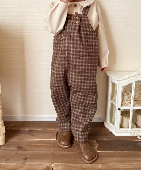 w button long salopette 《chocolate block plaid》