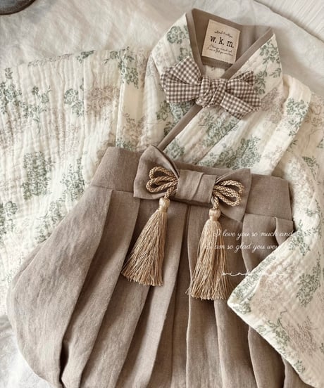 retro baby hakama waist ribbon《green beige botanical×greige》