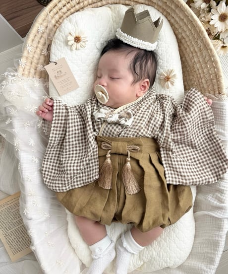retro baby hakama waist ribbon《gingham plaid coffee×mustard》