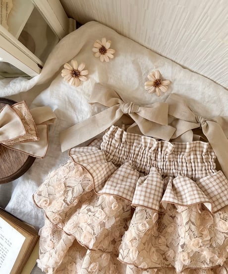 shirring plaid diamond rose tulle rompers dress《cafe au lait》