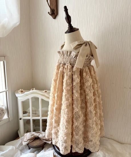 shirring plaid diamond rose tulle dress《cafe au lait》