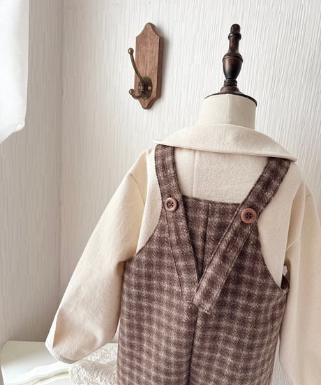 w button long salopette 《chocolate block plaid》