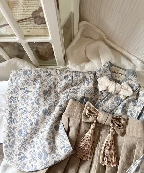 retro baby hakama waist ribbon《dusty blue flower×antique beige》